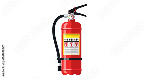 A red fire extinguisher with a black hose and a white gauge