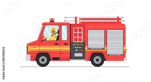 A red fire engine with a firefighter inside the cab is depicted