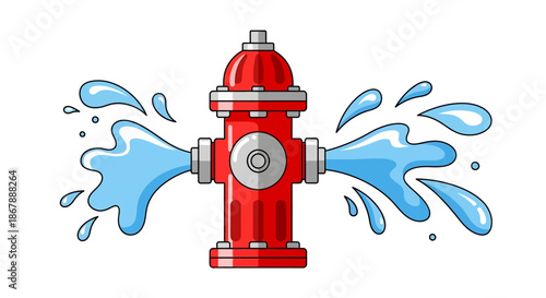 A red fire hydrant spews blue water to the left and right