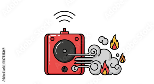 A red square smoke detector detects a fire sending out a signal with waves