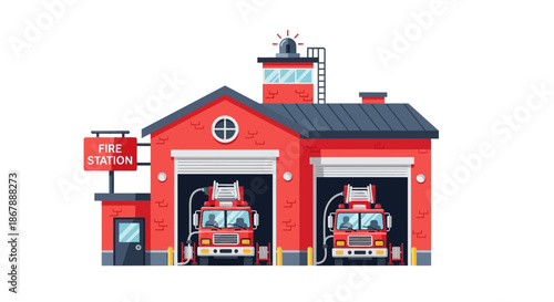 A red fire station with two fire trucks inside featuring a tower and a FIRE STATION sign