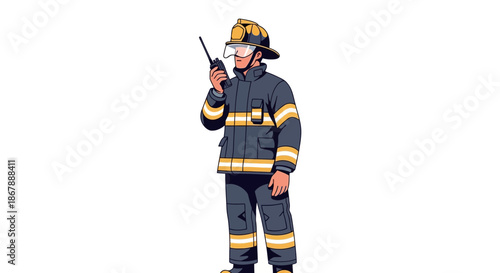 Cartoon firefighter in uniform with radio helmet