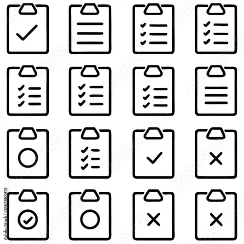 Vector illustration set of clipboard and checklist outline icons for task management and form verification