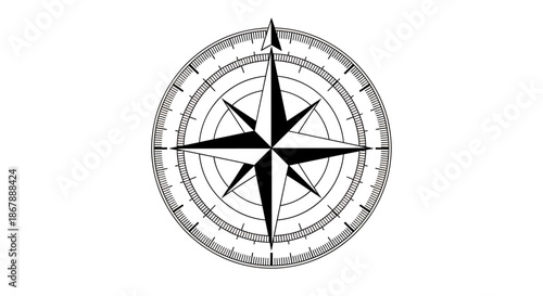 Detailed black and white compass rose illustration with directional points and circular markings.