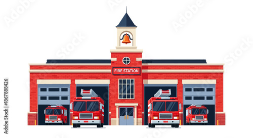 Cartoon fire station with four trucks a tower and a brick building all in red and gray