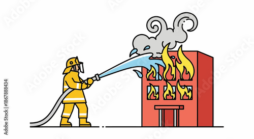 Cartoon image shows firefighter spraying water on a burning building emitting smoke