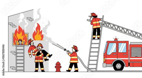 Cartoon scene Firefighters battling a burning building rescuing people with fire truck