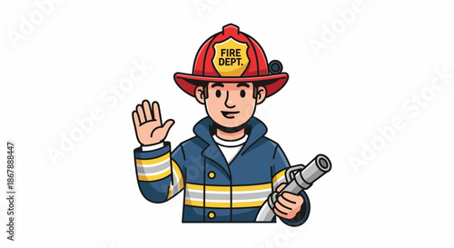 Cartoon firefighter waving and holding a hose
