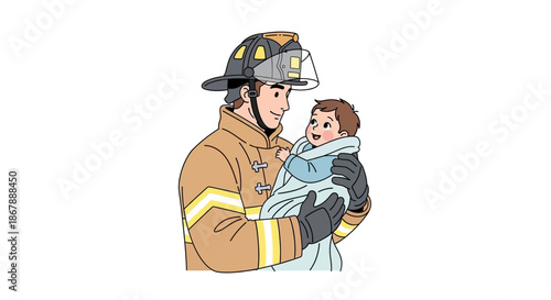 Cartoon of a firefighter holding a baby wrapped in a blue blanket