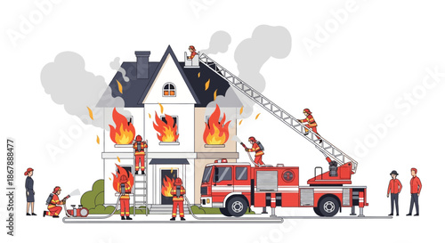 Cartoon scene of firefighters battling a house fire with smoke ladder truck and bystanders