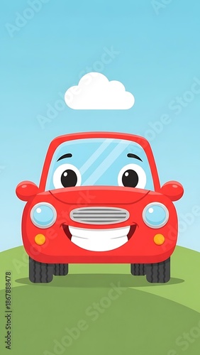 Smiling cartoon red car on green hill.