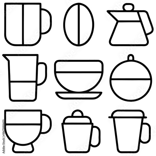 Minimalist coffee and tea icons vector collection. outline style design element set featuring mugs, cups, pots, pitchers, and coffee bean symbol.