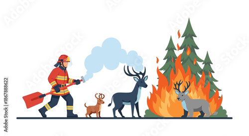 Firefighter extinguishing flames near deer saving wildlife in forest