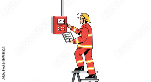 Firefighter on a step ladder checks a red control panel with a tablet