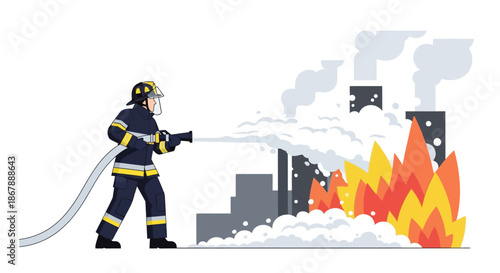 Firefighter sprays water at flames near buildings obscured by smoke