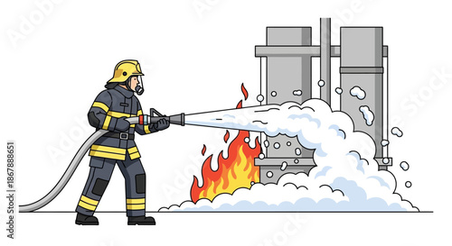 Firefighter sprays foam on flames near industrial structure clad in protective gear