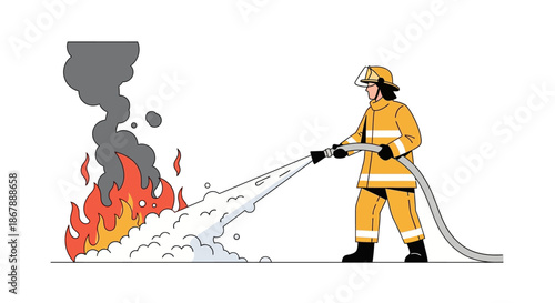 Firefighter sprays water on fire with smoke using a hose wearing protective gear