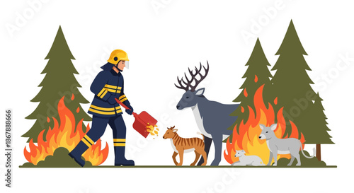 Firefighter uses a shovel to extinguish a fire while deer and wolves look on in a forest