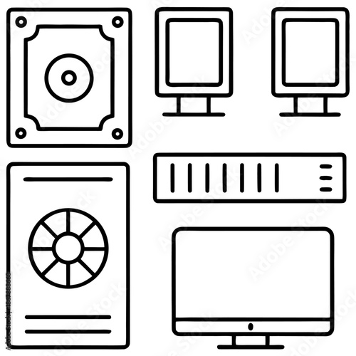 Computer hardware components vector icons set: includes monitors, hard disk drives, and server units in outline style. minimalist technology illustration for it and data center concepts.