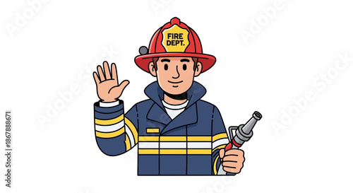Firefighter wearing a helmet labeled FIRE DEPT waving and holding a hose nozzle