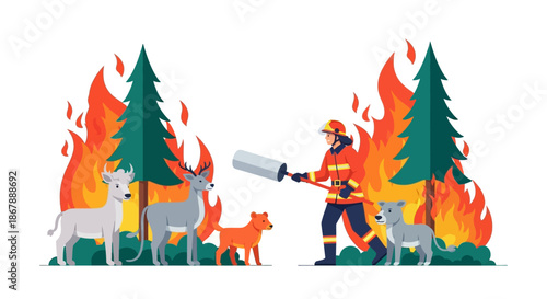 Firefighter with tool near forest fire animals nearby