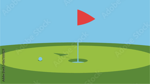 A golf ball sits on a green next to the hole with a red flag under a clear blue sky, illustrating a golf course scene.
