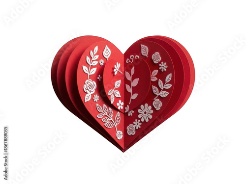 Red heart with floral design isolated on transparent background