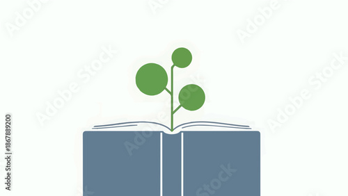 An open book with green plant leaves symbolizes an isolated concept of nature and education for wisdom and learning in a school environment