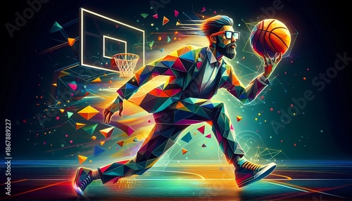 A geometric man made of triangles wearing glasses is playing basketball on a court. The background is dark and the image is colorful.