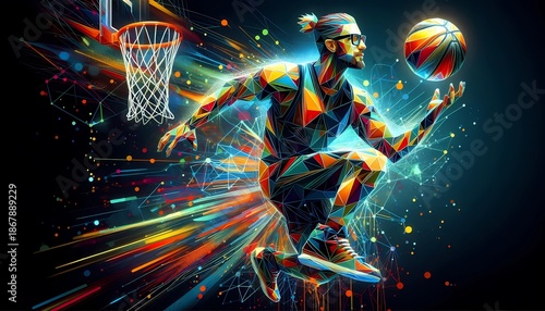 A geometric man made of triangles wearing glasses is playing basketball on a court. The background is dark and the image is colorful.