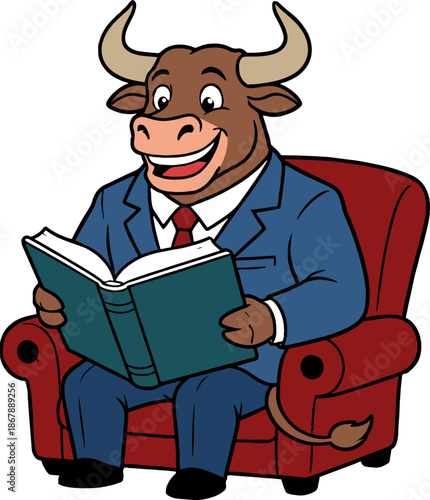 Smart Bull Investor in Suit Analyzing Market Trends from a Book. Vector Mascot for Financial Education and Stock Trading Strategy