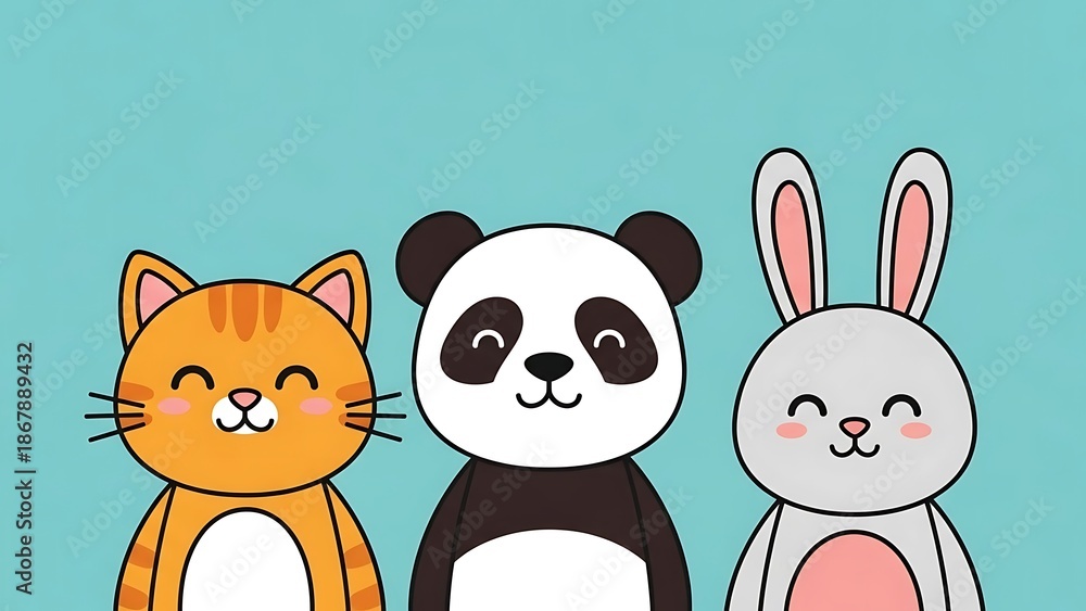 Fototapeta premium Cute cartoon animals standing together smiling.