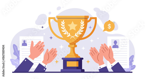 Golden Trophy with Hands and Currency.