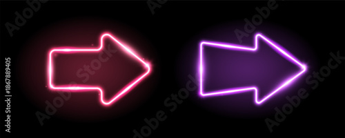 Purple and red neon arrow elements. Pink and purple glowing led direction sign. Shine arrowhead shape tube lamp. Bright luminous fluorescent pointers for banner, poster, logo. Vector neon led lights