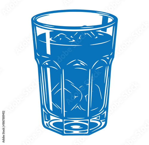 Blue graphic illustration of a refreshing cold drink with ice cubes in a tall glass