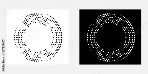 Modern abstract background. Halftone dots in circle form. Spiral logo, icon or design element. Black dots on a white background and white dots on the black side.