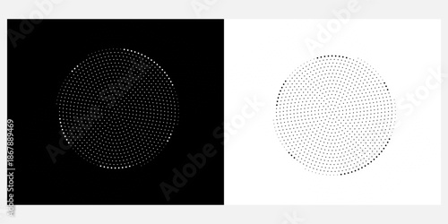 Modern abstract background. Halftone dots in circle form. Spiral logo, icon or design element. Black dots on a white background and white dots on the black side.
