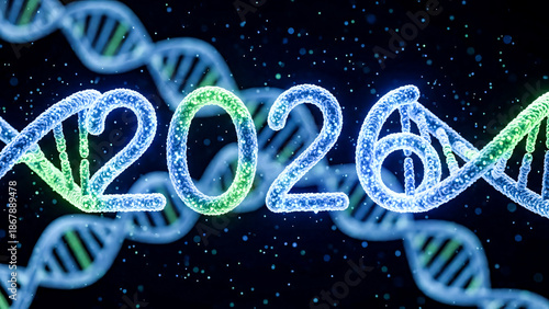 DNA Strand Twisting into the Shape of 2026 Year in Microscopic View