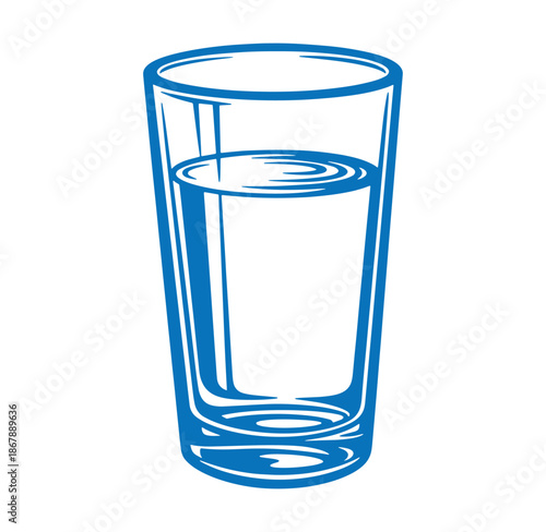 Clean blue illustration of a tall glass filled with refreshing clear water