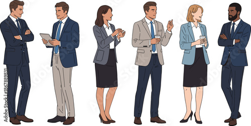 Business communication illustration, professional attire, corporate clothing, office teamwork, workplace diversity, collaboration artwork, staff interaction, formal meeting