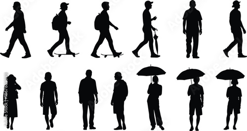 Silhouette people illustration, walking figures, casual attire, urban life, everyday movement, human posture, black silhouettes, white background