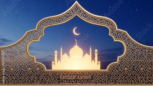 Ramadan Kareem greeting card with golden mosque silhouette, crescent moon, and intricate islamic geometric pattern on blue starry night background