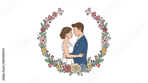 A charming and elegant wedding illustration featuring a newlywed bride and groom embracing within a large, circular floral wreath