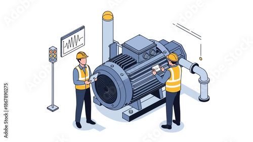 A highly detailed modern isometric illustration depicting two expert technicians performing a comprehensive routine inspection and preventative maintenance on a massive industrial electric motor 