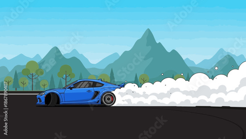 A dynamic flat vector illustration featuring a vibrant blue sport car performing a high-speed drifting maneuver on a scenic mountain highway.