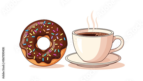A high-quality flat vector illustration featuring a delicious chocolate-glazed donut adorned with vibrant, multi-colored sprinkles alongside a steaming cup of freshly brewed black coffee.