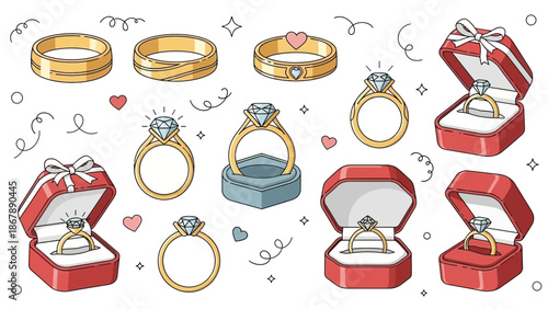 A comprehensive collection of flat icon vector illustrations showcasing various elegant wedding and luxury engagement ring designs. This professional set features high-quality visual elements of solid