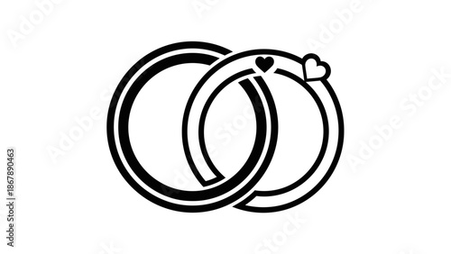This image presents a minimalist and elegant black-and-white vector illustration of two interlocking wedding rings. The design is a classic representation of unity, commitment, and eternal love, often