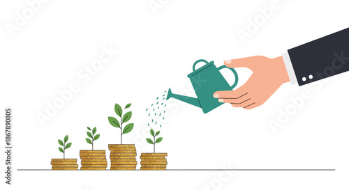 Hand Watering Plants Growing from Coins.