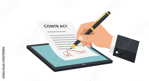 Hand Signing Contract with Pen on Tablet.